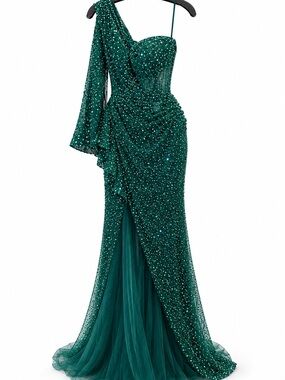 Catwalk 60124 Emerald One-Shoulder Evening Gown with Draped Skirt
